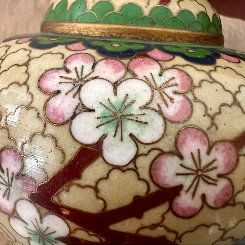 Antique 19th C. Chinese Cloisonne Vase Pink Cherry Blossoms & Bird DOUBLE BOTTOM